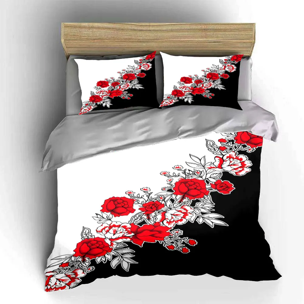 Red flowers with black-and-white background Bedding Set for Kids Luxury Gift 3pcs Digital Print Comforter Set Soft Comfortable 3