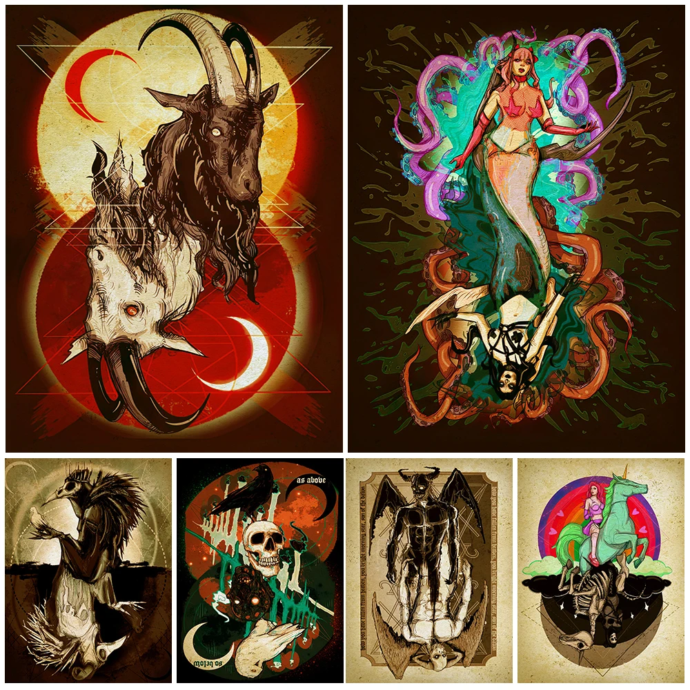 

The Reversal Of The Mysterious World Vintage Wall Art Canvas Painting Dark Pagan Witchcraft Retro Poster Print Home Decoration