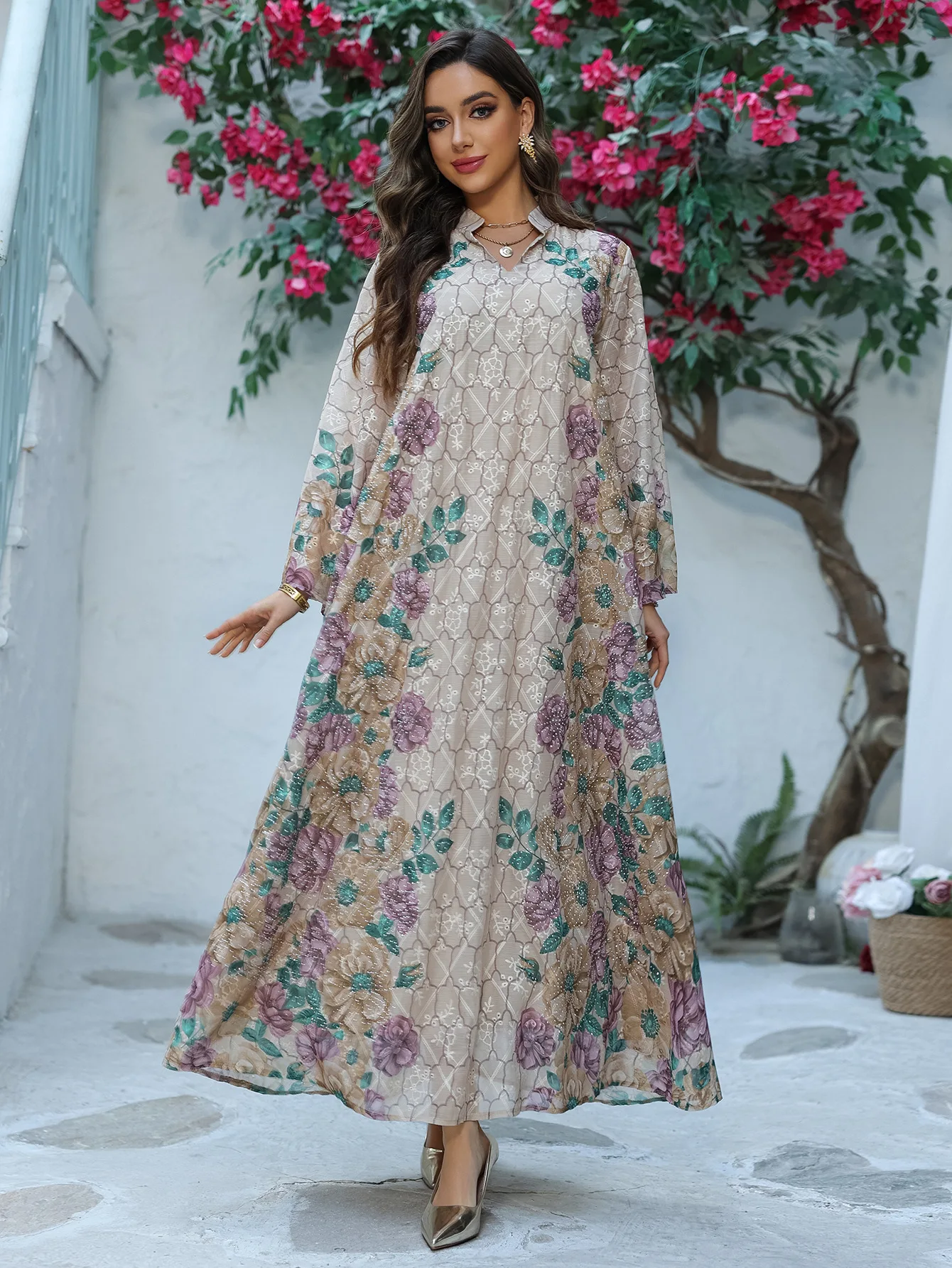 Ramadan holiday dress for women, abaya with a standing collar, printed caftan, Islamic robe, Ramadan jellabiya, Morocco, Dubai, caftan, vestidos largos.