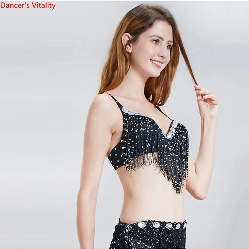 Women Belly Dance Top Bra Girls Sexy Push Up Sequins Tassel Bra Belly  Dancing Performance Wear Night Club Clothes Cup B