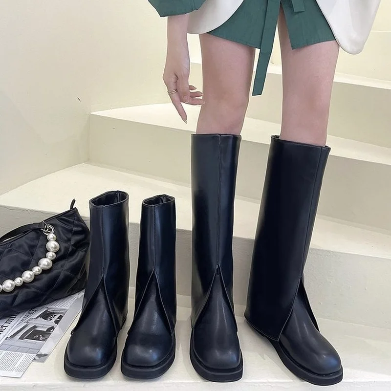 Women\'s High Boots Round Toe Leather and PU Woman Boots Brand Design Women Shoe European Style Trouser Boots Botas De Mujer