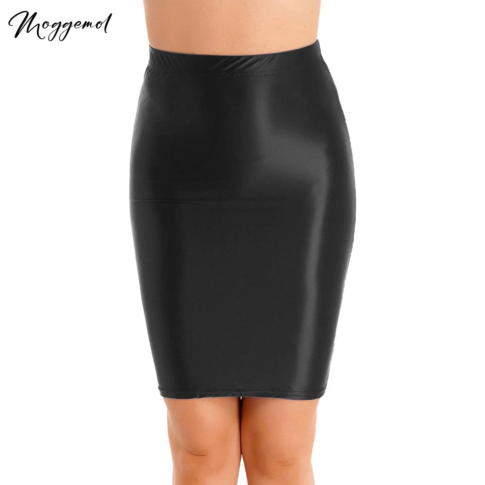 

Womens Glossy Rave Party Nightclub Stretchy Casual Solid Color Bodycon Shiny Slim Mini Skirt Female High Waist Pencil Skirt