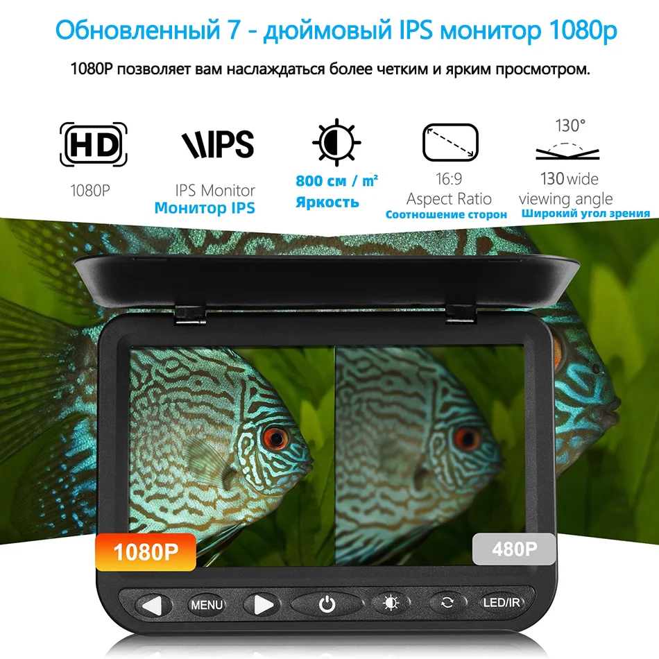 MOQCQGR-buscador de peces 7025 P, de 7 pulgadas pantalla IPS, 720 mAh, luces IR y LED, cámara de pesca para invierno, pesca en hielo Manual para luz de fondo, 10000