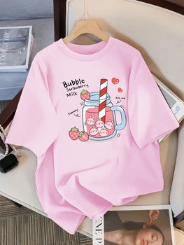Delicious Strawberry Beverage Print Women T Shirt Summer Breathable Tee Cotton Street Clothing Casual Sport Cool Short Sleeve 1