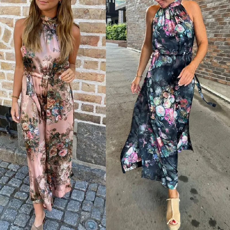 

Summer Style Women's Printed High Waist Strap Sleeveless Maxi Dresses Vestido Negro Con Abertura En Pierna Robe Femme Musulmane