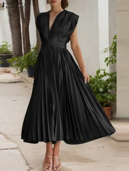 ZANZEA Woman Elegant Pleated A-line Long Dresses Fashion V-Neck Sleeveless High Waisted Party Vestidos Summer Stylish Robe Femme 1