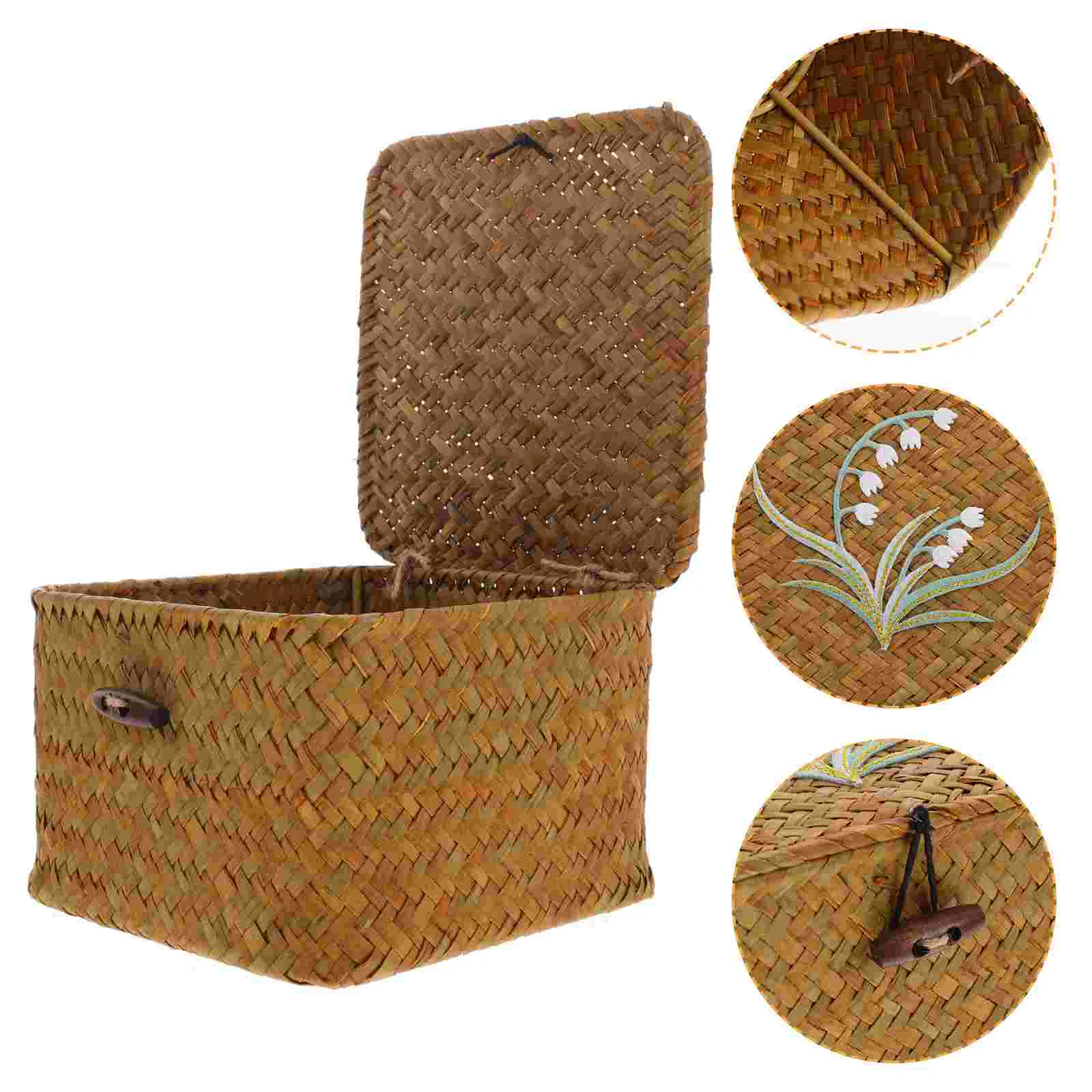 

Hand Woven Basket with Lid Desktop Storage Bin Basket Wedding Candy Box Conatiner