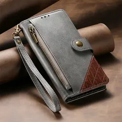 Luxury Leather Wallet Case with Wrist Lanyard and Zipper - Shockproof Cover - OPPO Find X9 Ultra (Gray)