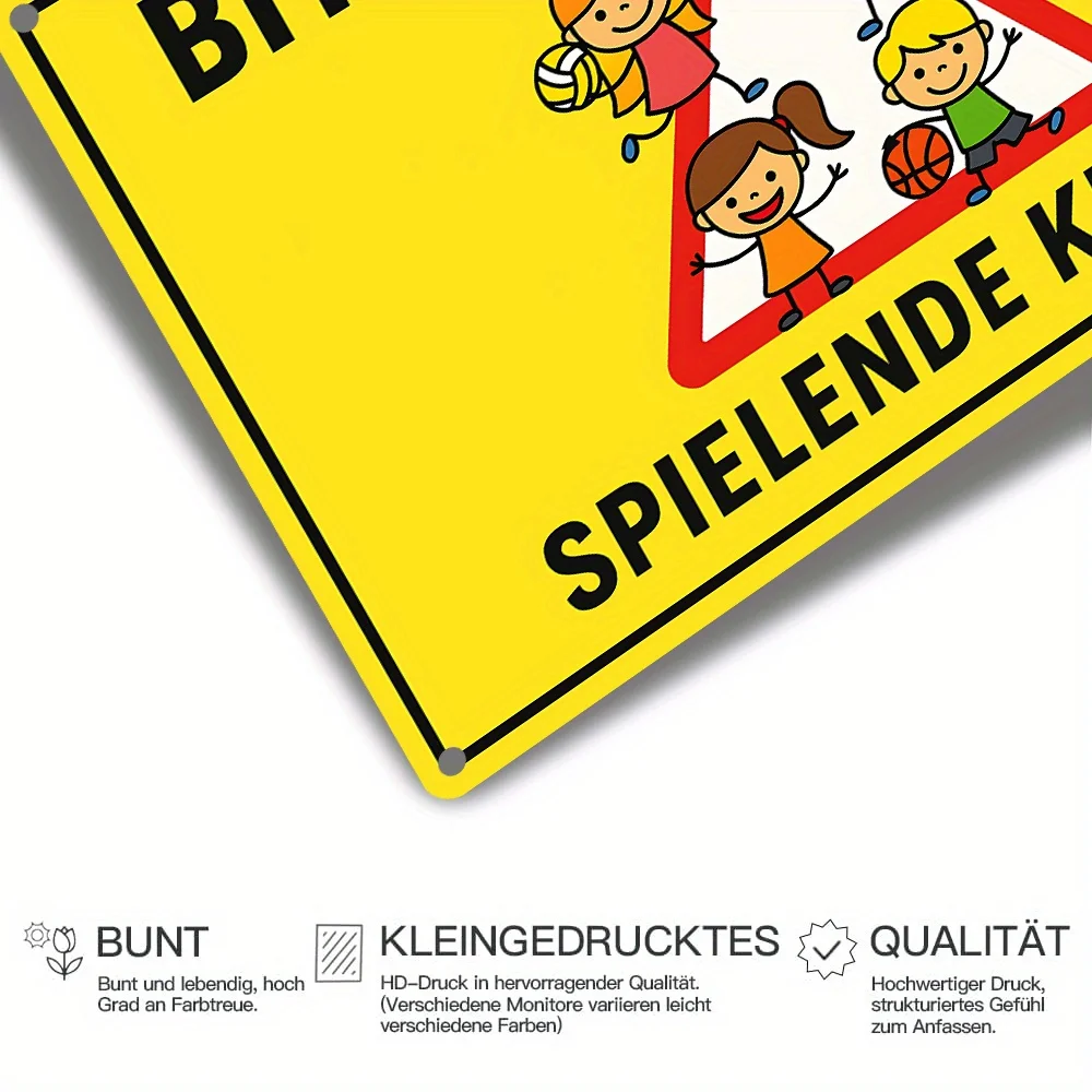 독일어로 푸비 랑삼(천천히) Spielende Kinder 금속 양철 간판, 노란색 어린이 놀이 안전 경고 벽 장식 장식판(주거용)