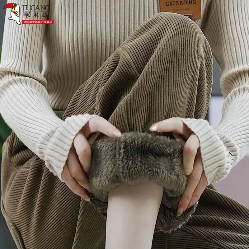 Add Fleece Thickened Leisure Harun Pants Women 2023 Autumn Winter Corduroy New Warm and Thin Everything Pair Leg Pants