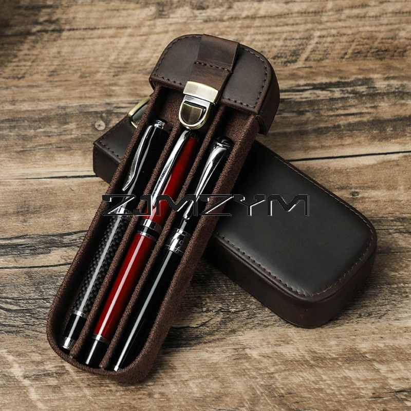 

1PC Genuine Leather 3 Slots Pen Bag Pencil Case for Fountain Pen Display Pouch Brass Buckle Closure Box Office School Stationery