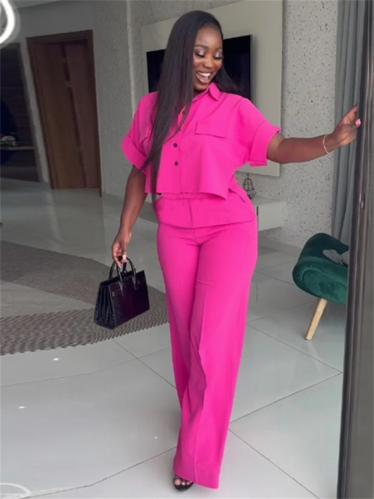 Wmstar Two Piece Set Women's Clothing Pants Sets Solid Button Shirt Top Leggings Pants Matching Summer Wholesale Dropshipping