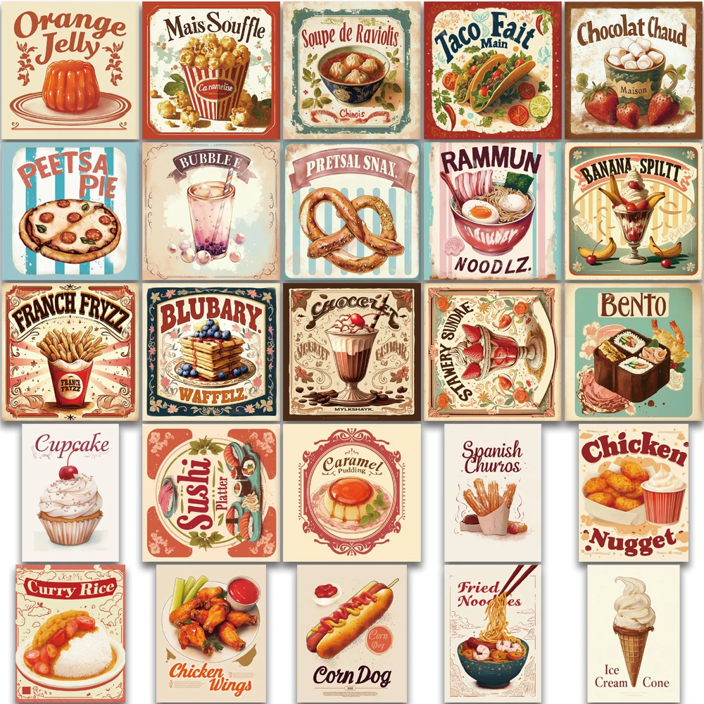 50개의 빈티지 음식 스티커, 여행 가방, 선물 상자, 핸드북, 다이어리, 방수 스티커 등의 장식에 적합합니다.