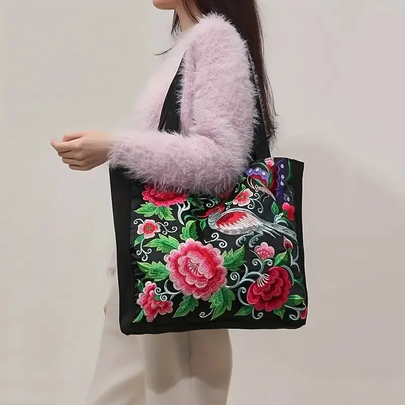 Ethnic Style Flower Embroidery Canvas Tote Shoulder Bag Large Capacity Handbag For Women - Image 4