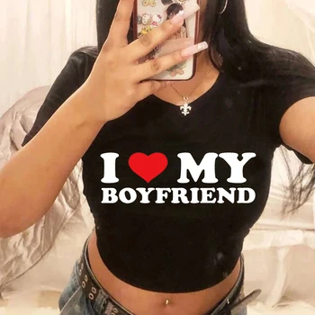 Gothic Crop Top I Love My Boyfriend Cropped T Shirt Female Fashion Clothes Comfortable Short T-Shirt Casual Soft T-Shirts 1