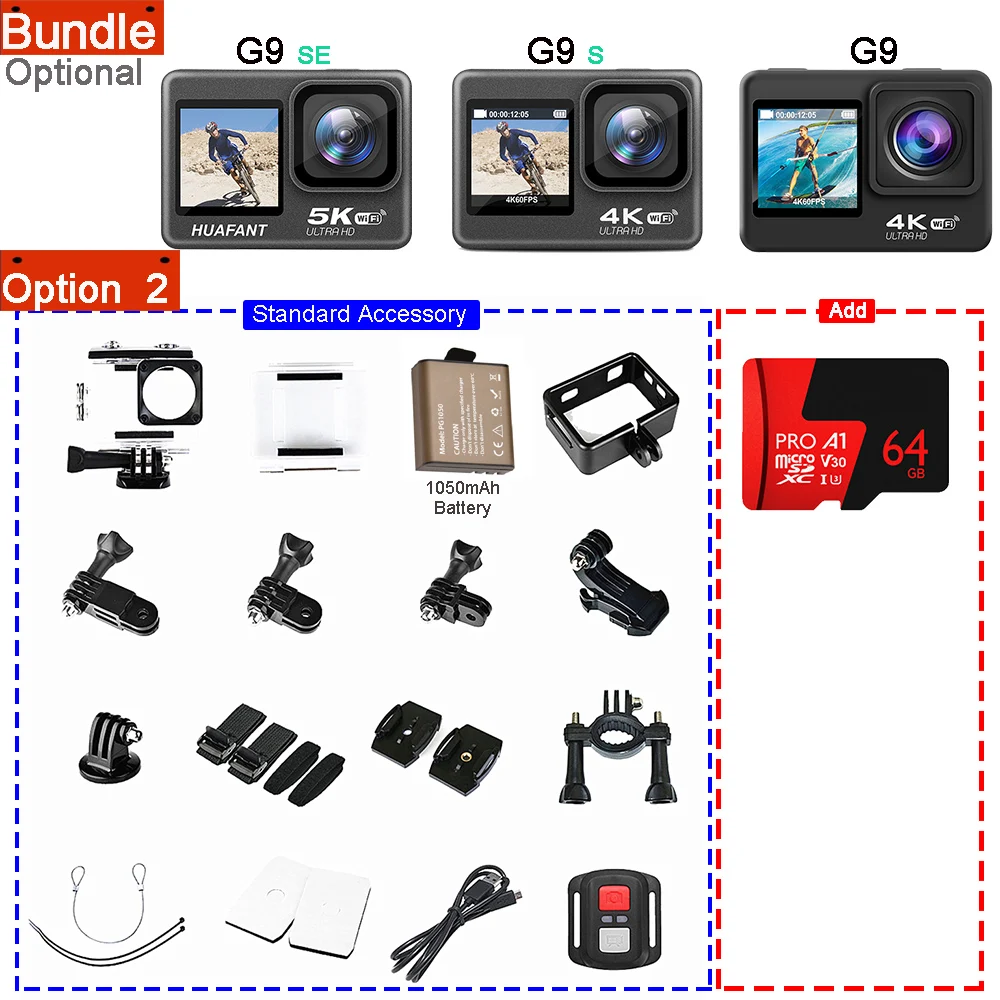 thumbnail image 1 of Cámara de acción G9SE 5K30fps 4K60fps 50MP 2,0 LCD táctil EIS DVR cámara web pantalla Dual Wi-Fi 170D impermeable 30M 5X Zoom cámara deportiva, 1 of 4