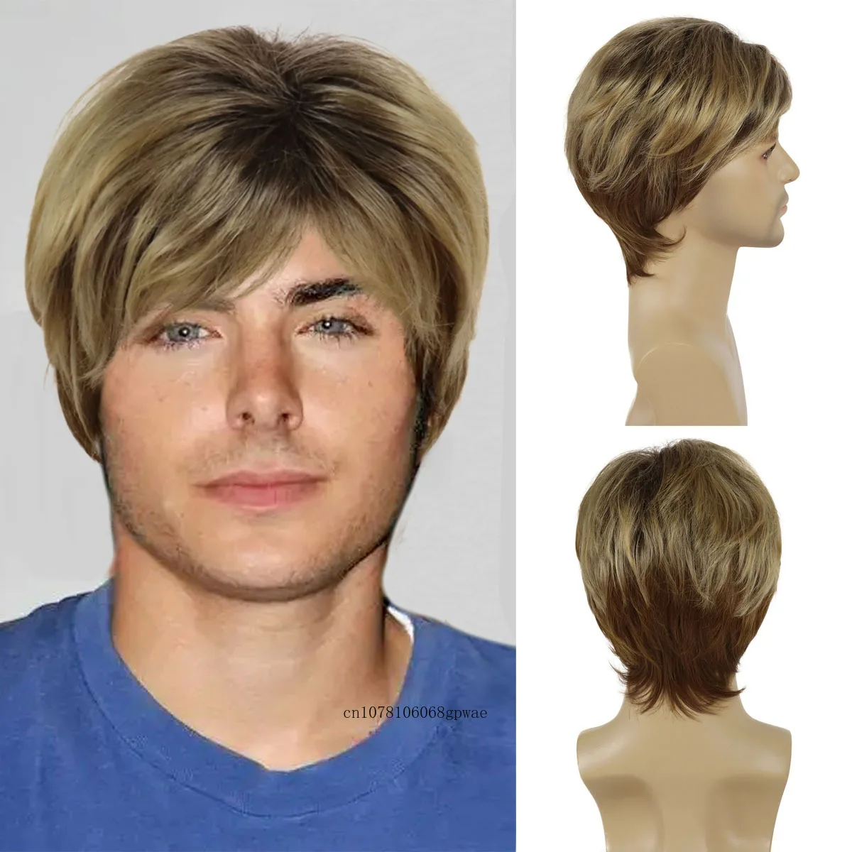 

Synthetic Short Male Wig with Bangs Natural Haircut Daily Man Wig Brown Dark Root Ombre Blonde Layered Wig Cosplay Halloween