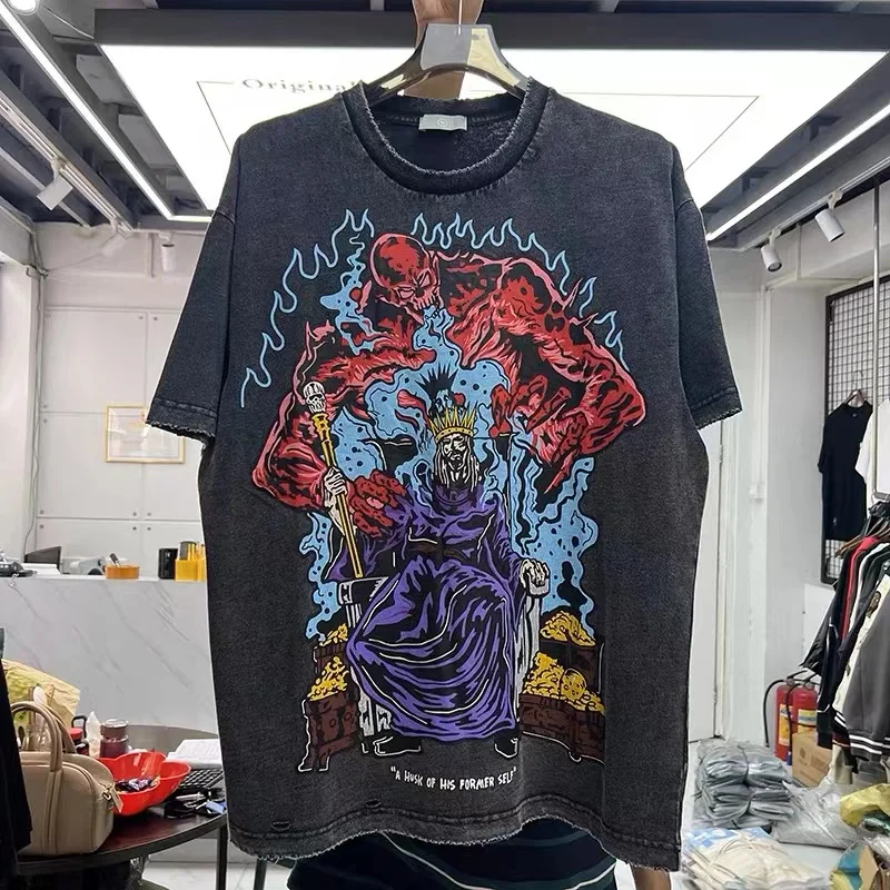 

Hip-hop heavy wash skull king devil print t-shirt