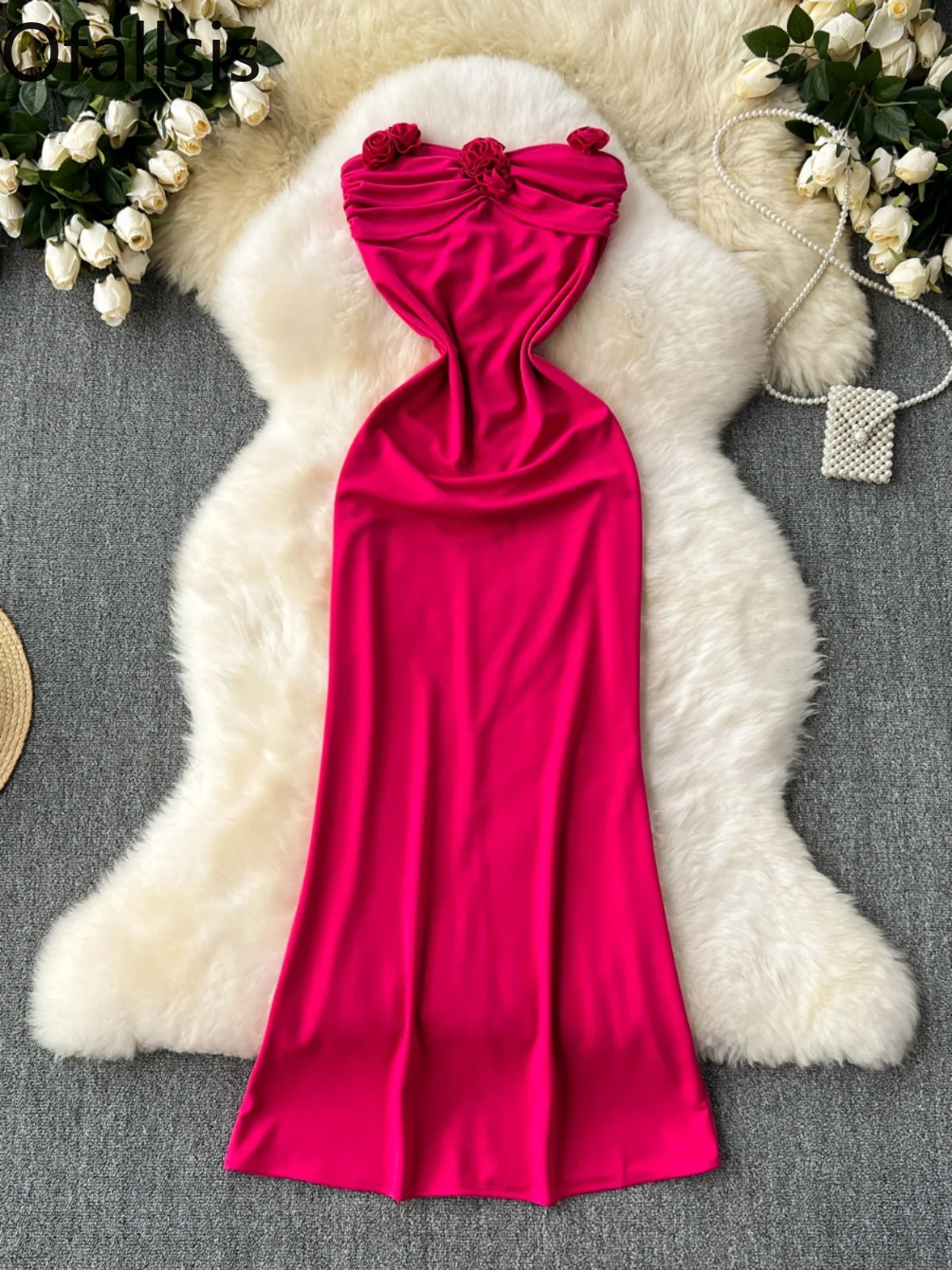 

Ofallsis Strapless Three dimensional Flower Sleeveless Slim Fitting Dress 2024 Summer New Sexy Slimming Temperamen Party Dresses