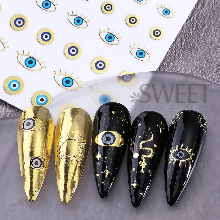 2pcs Blue Gold Evil Eyes Nail Art Stickers 3D Metal Snake Sun Star Line Sliders Design Halloween Nail Decals Manicure Decoration