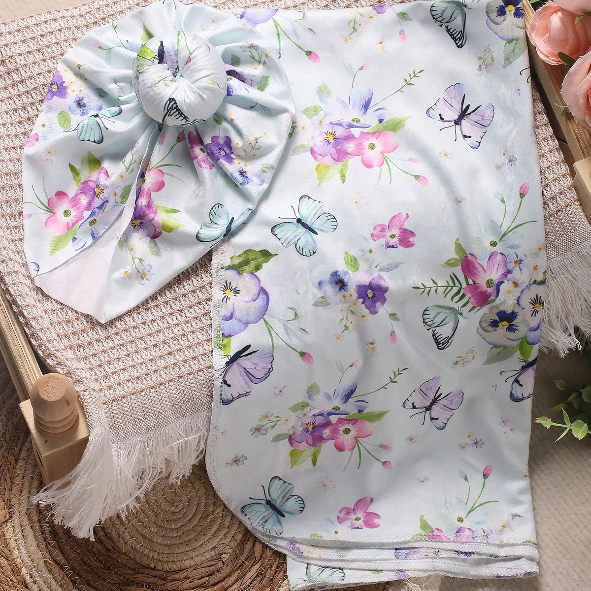 Ylsteed Rose Flower Print Newborn Photography Wrap with Turban Hat Infant Photo Shooting Outfits  Baby Receiving Swaddle Blanket 6