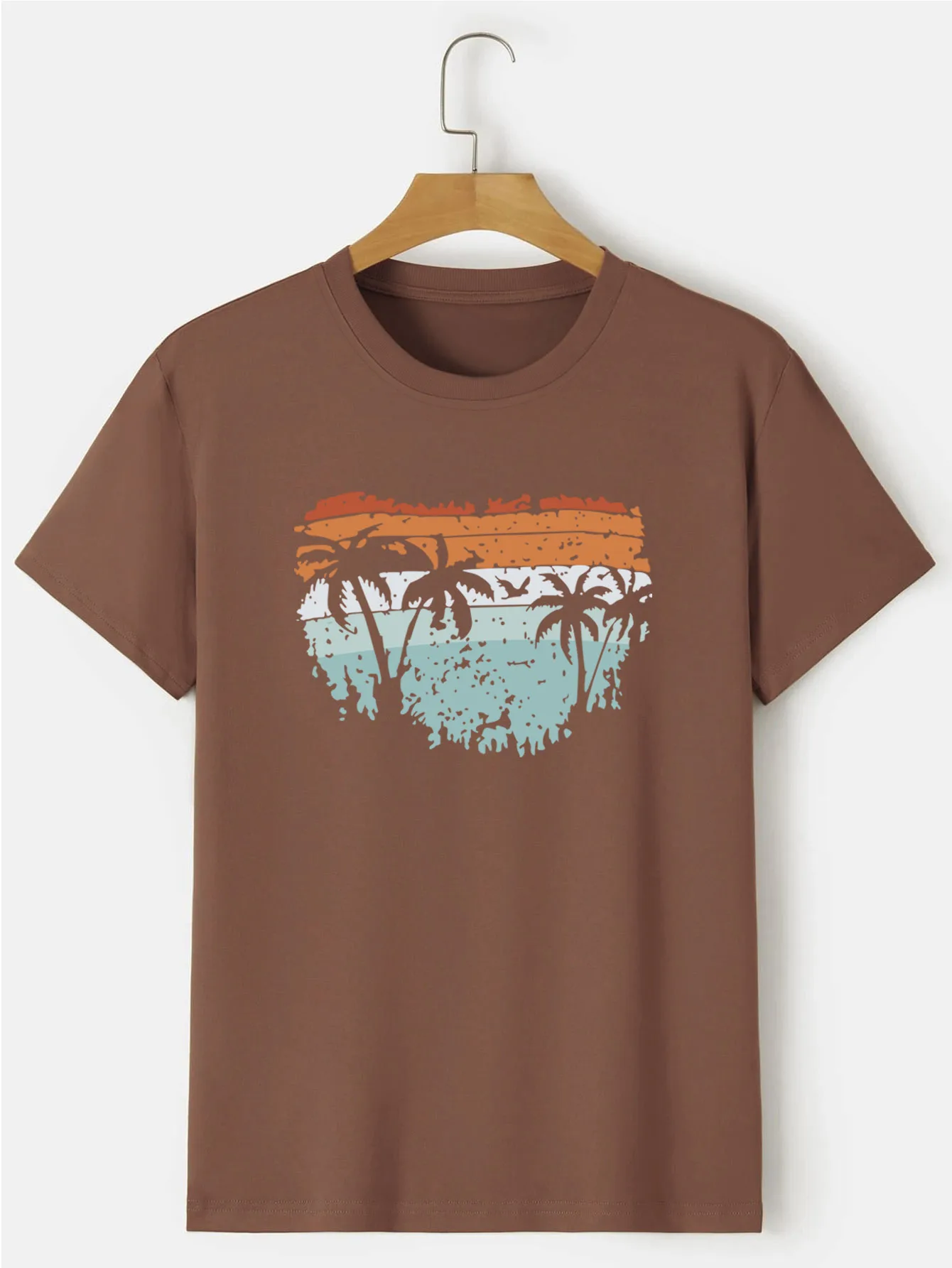 Coconut tree print Crew Neck T-shirt, Casual Short Sleeve Fashion Summer T-Shirts Tops, Men's Outfits,Oversize Tees_voghion.com