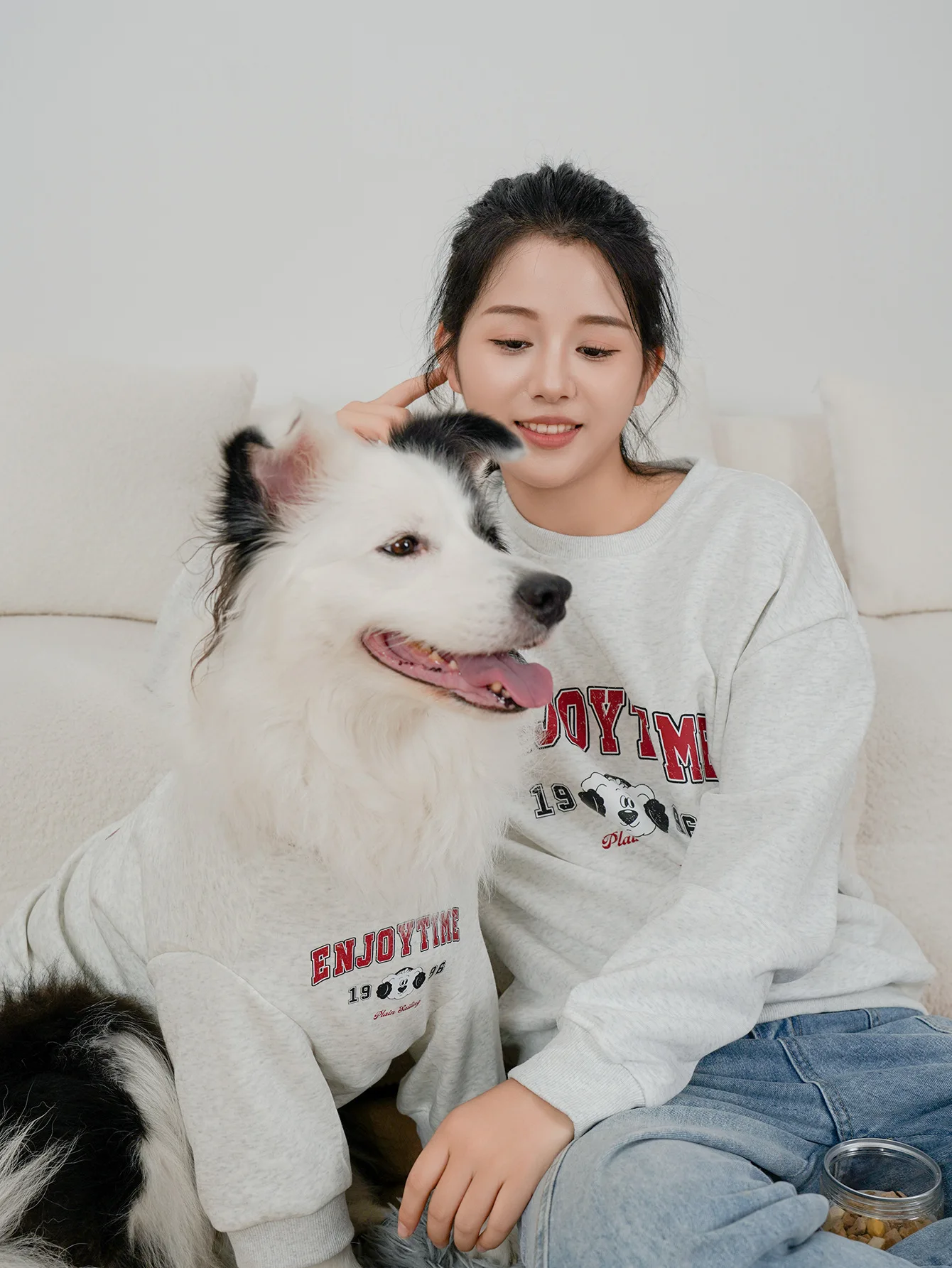 개 고양이 티셔츠 성인 부모-자녀 의상 여름 새로운 줄무늬 웃는 얼굴 면 티셔츠 느슨한 두 다리 옷 부모-애완 동물