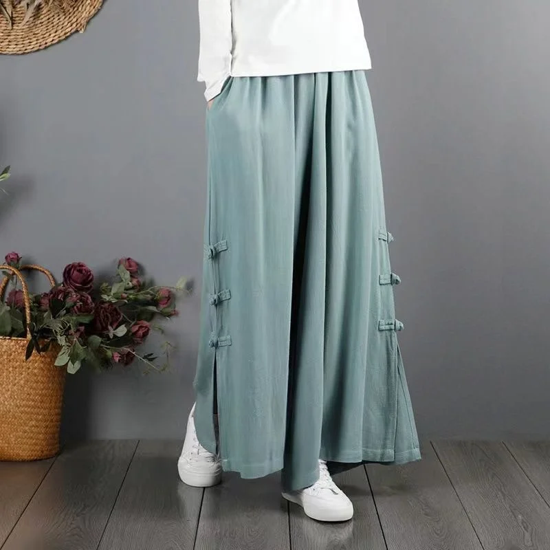 

2023 Women's Crop Cropped Ethnic Style Embroidery Wide Leg Pants Loose Relaxed Pure Cotton High Waist Slim Fashion Casual