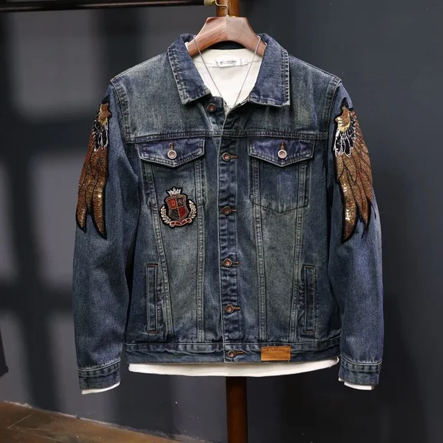 Trendy European Brand Men's Slim Fit Embroidery Denim Jacket Elastic Top Hip Hop Style Fit Spring Motorcycle Versatile Top