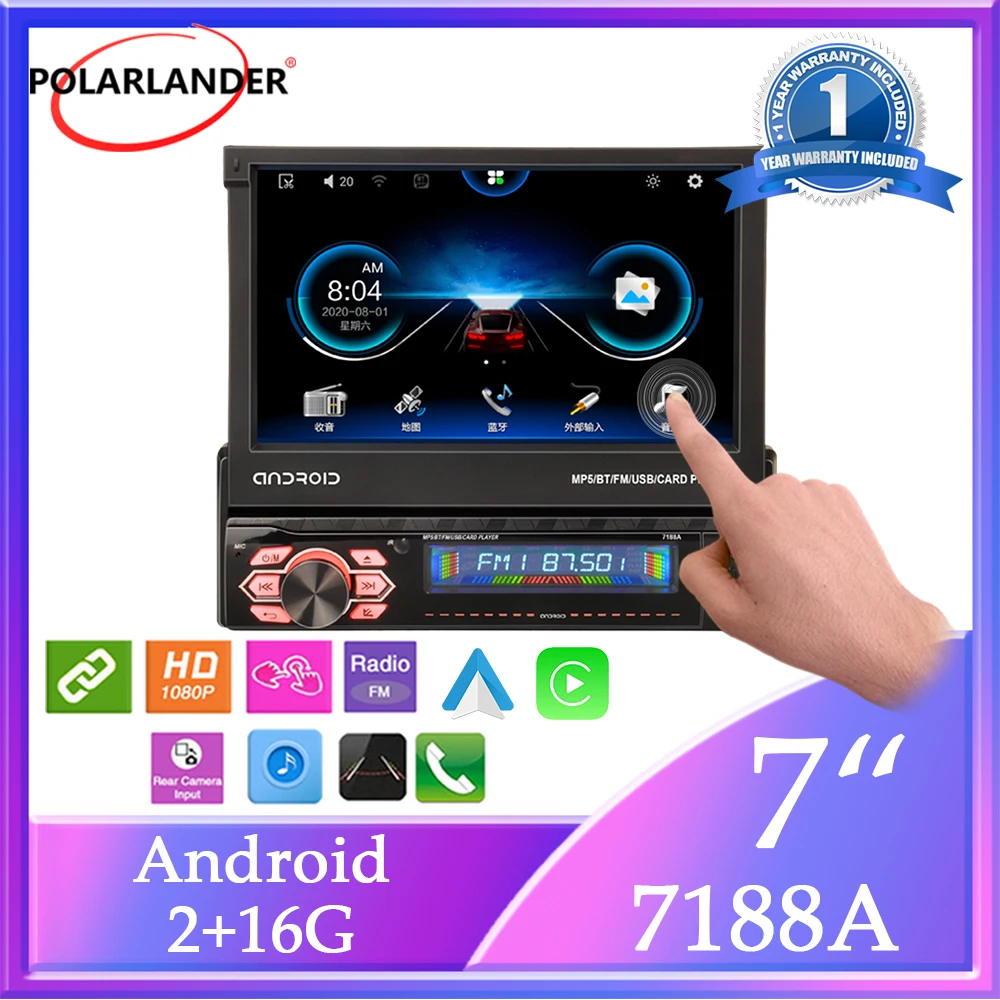 

Automatic Retractable Screen Car Multimedia Player Intelligent Voice MP5 1 DIN 7'' Carplay/Android Anto Bluetooth for Universal