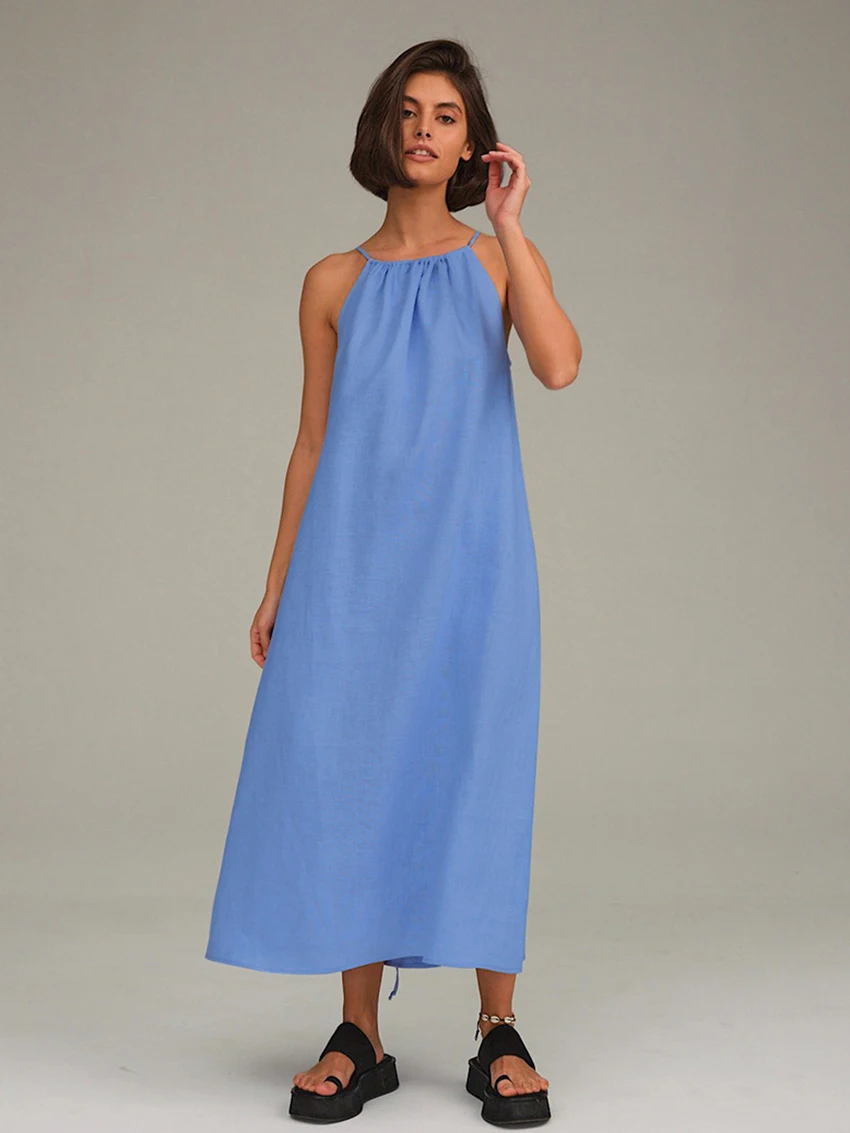Marthaqiqi Blue Loose Femme Nightwear Spaghetti Strap Nightgowns Lace Up Sleepwear Ankle-Length Dress 2023 New Women'S Nightie