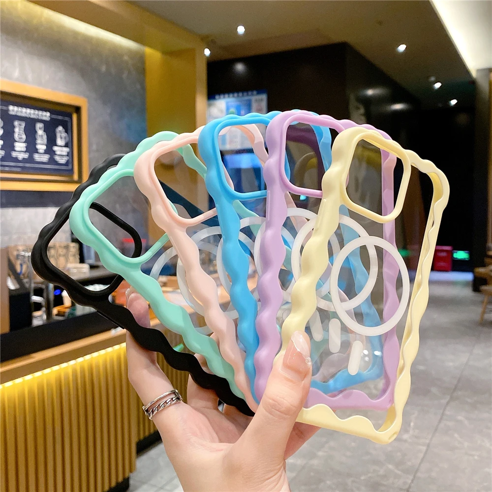 Cream Curly Wave Border Magnetic Case For iPhone 11 12 13 14 Plus 15 16 Pro Max Transparent For Magsafe Wireless Charge Cover_voghion.com