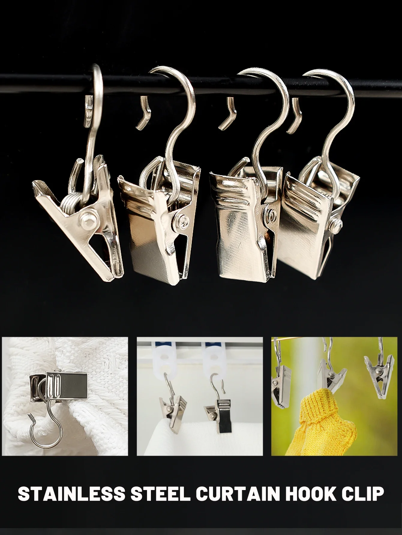 Description Picture 5 of itemLots Stainless Steel Curtain Clips with Hook Window Curtains Hanging Clamps Accessories Home Room Photo Decoration Hooks Clip