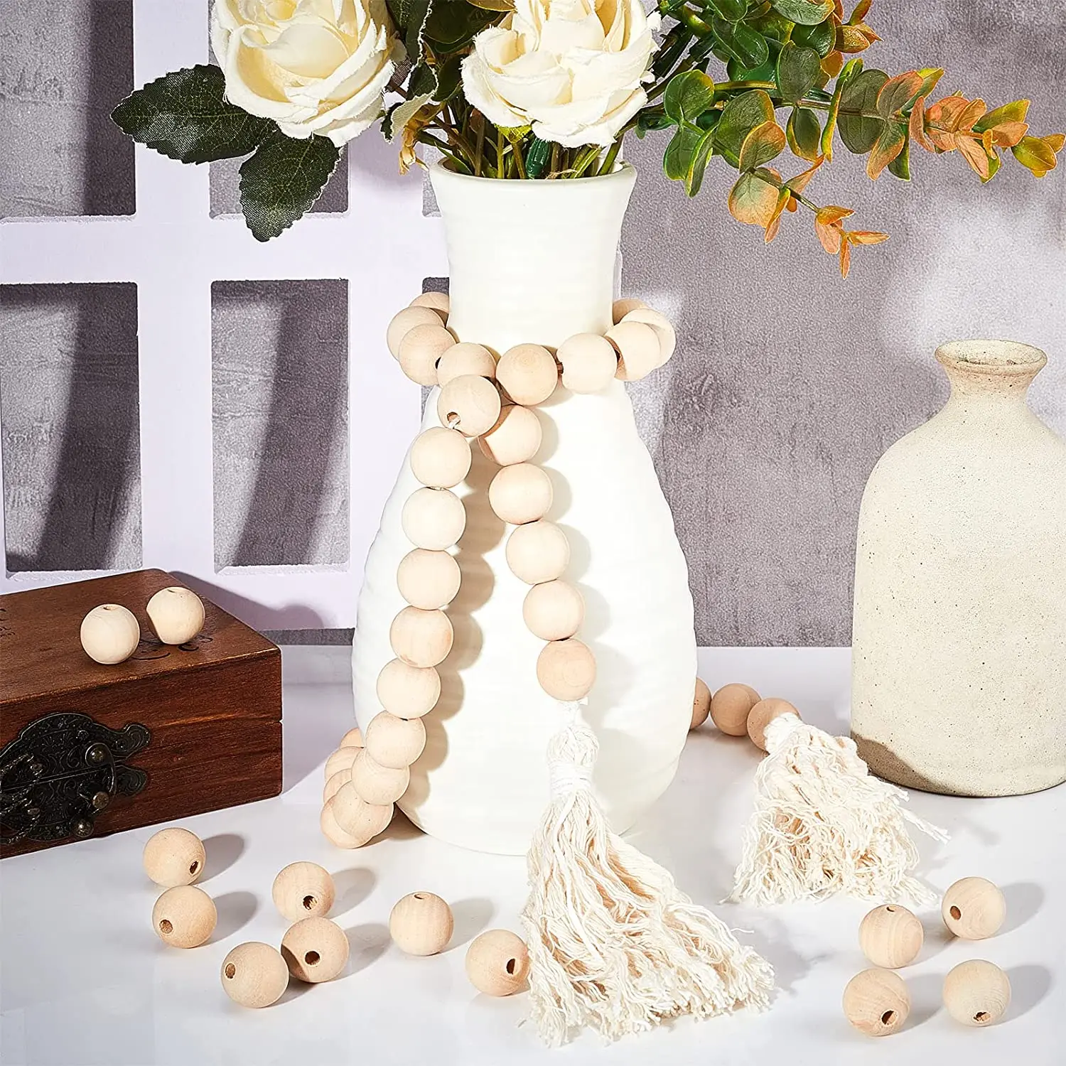 Large Hole Unfinished Wood Beads 8-40mm Antique White Natural Wooden Loose  Spacer Beads Macrame Beads For Jewelry Making DIY