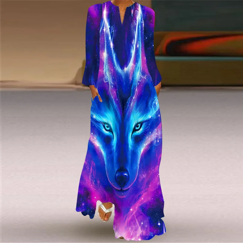 

Женское платье с V-образным вырезом, длинным Расклешенным рукавом и карманами