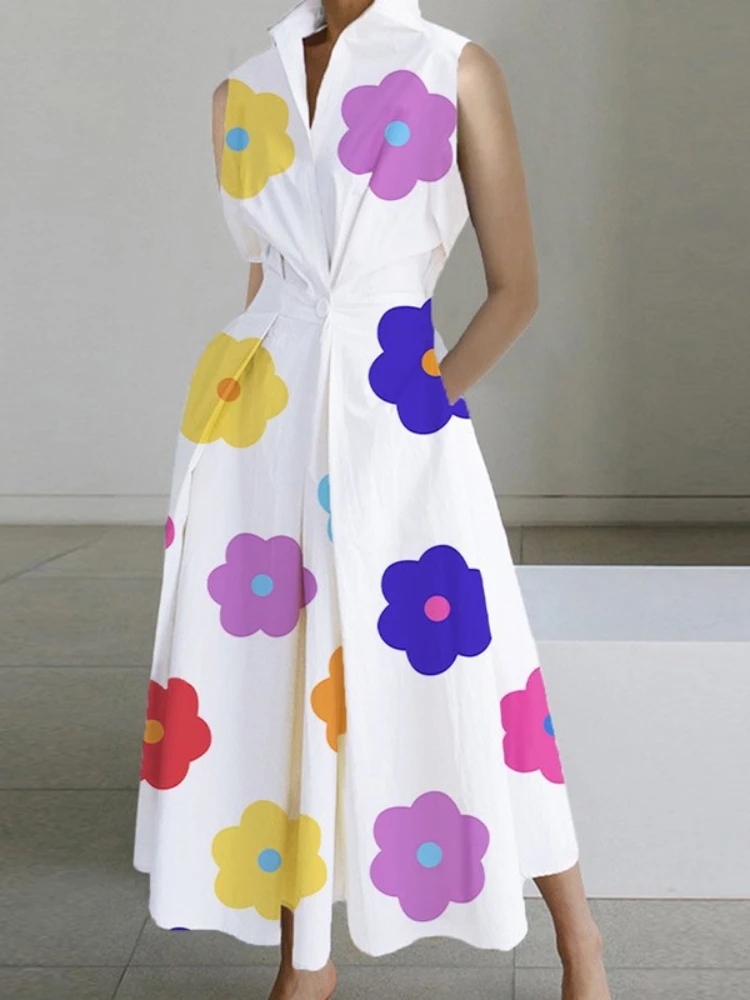 

New Fashion Women's Dress Printed V-neck Sleeveless Casual Buttons Vestido Casual Party Dress for Women 2023