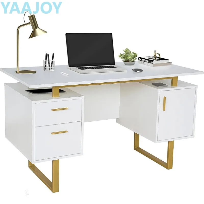 

Techni Mobili Storage Drawers and Cabinet 51.25” W-Modern Office Large Floating Desktop Surface Desk, White/Gold