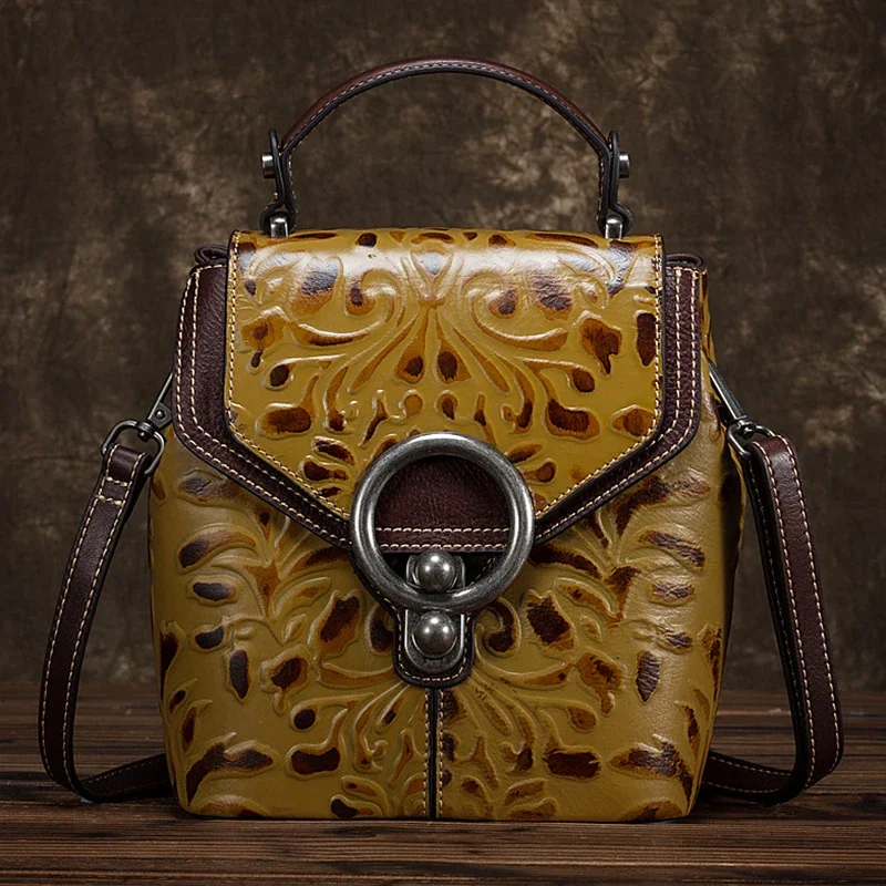 Embossed Genuine Leather Backpack Knapsack Cross body Bags Female Small Daypack Retro Women Shoulder Bag Design Rucksack 4