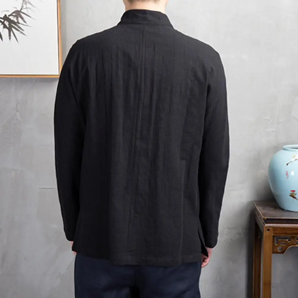 

Breathable Shirt Traditional Chinese Style Men's Mandarin Collar Shirt with Long Sleeves Pockets Disc Button Kung Fu Tai Chi