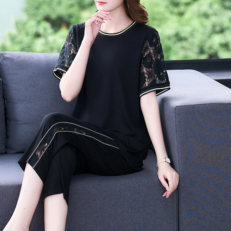 

Middle-aged Mom Fashion Suit Women's Summer 2023 New Casual Short Sleeve Two-piece Set Elegant Short Sleeve Women Swear T369