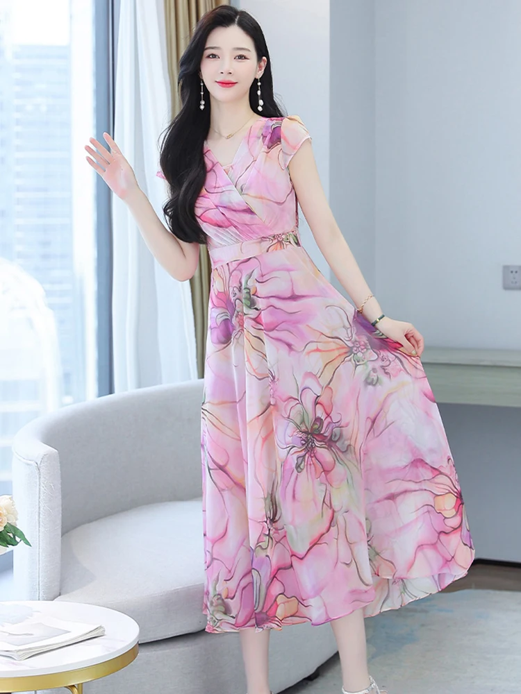 hot】❒﹍◅ Elegante vestido midi feminino roupa kawaii manga curta praia  senhora do escritório rosa chiffon verão festa 2023