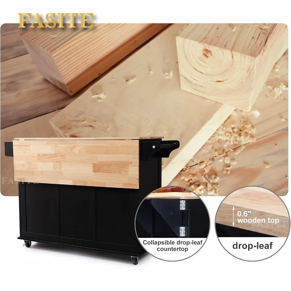 Kitchen Island with Drop Leaf,Kitchen Cart Rolling Mobile Island with Wooden Countertop, Spice Rack,Adjustable Shelves