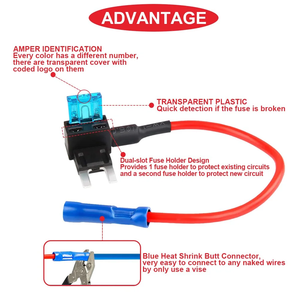 16-teiliges Mini-Sicherungsadapter-Set, 12V Add-a-Circuit-Adapter mit 15 Ampere APM ATM Flachsicherungen, Sicherungsentferner und Schrumpfschlauch-Verbinder – Detail 5