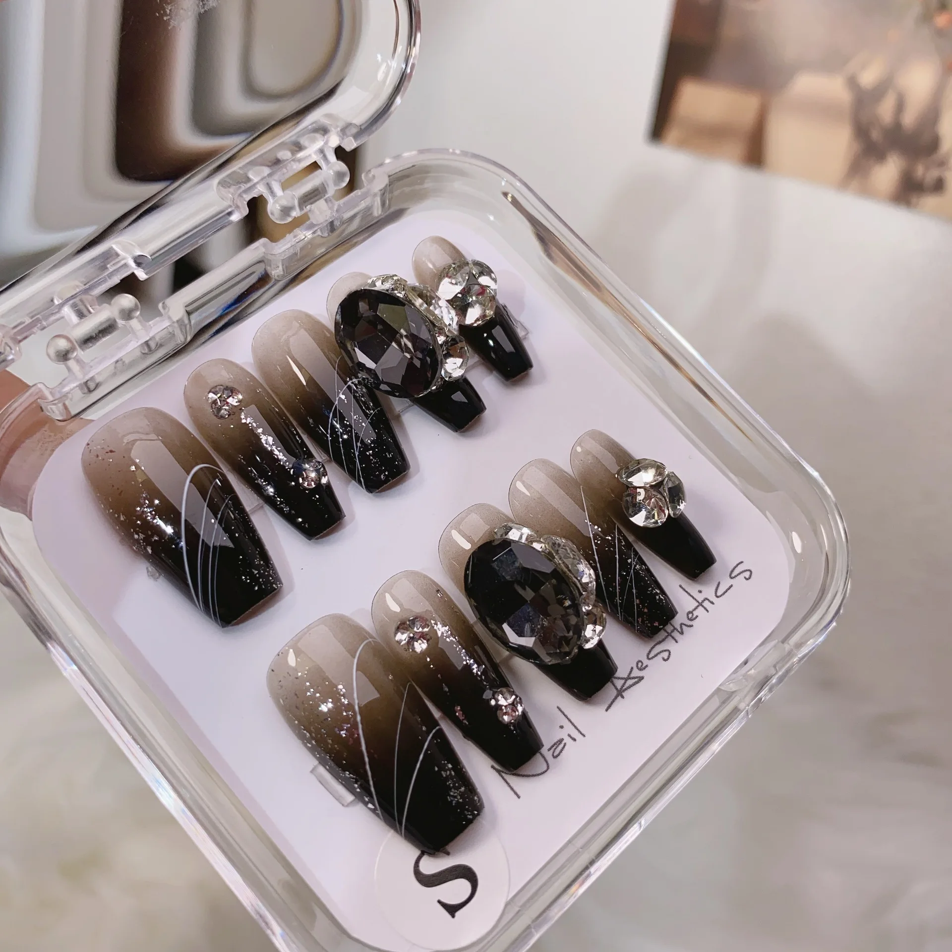 S189 Pure Handmade 3D Cat Eye Cool Black Nail Patch Diamante Staccabile French Nails Press On Nail