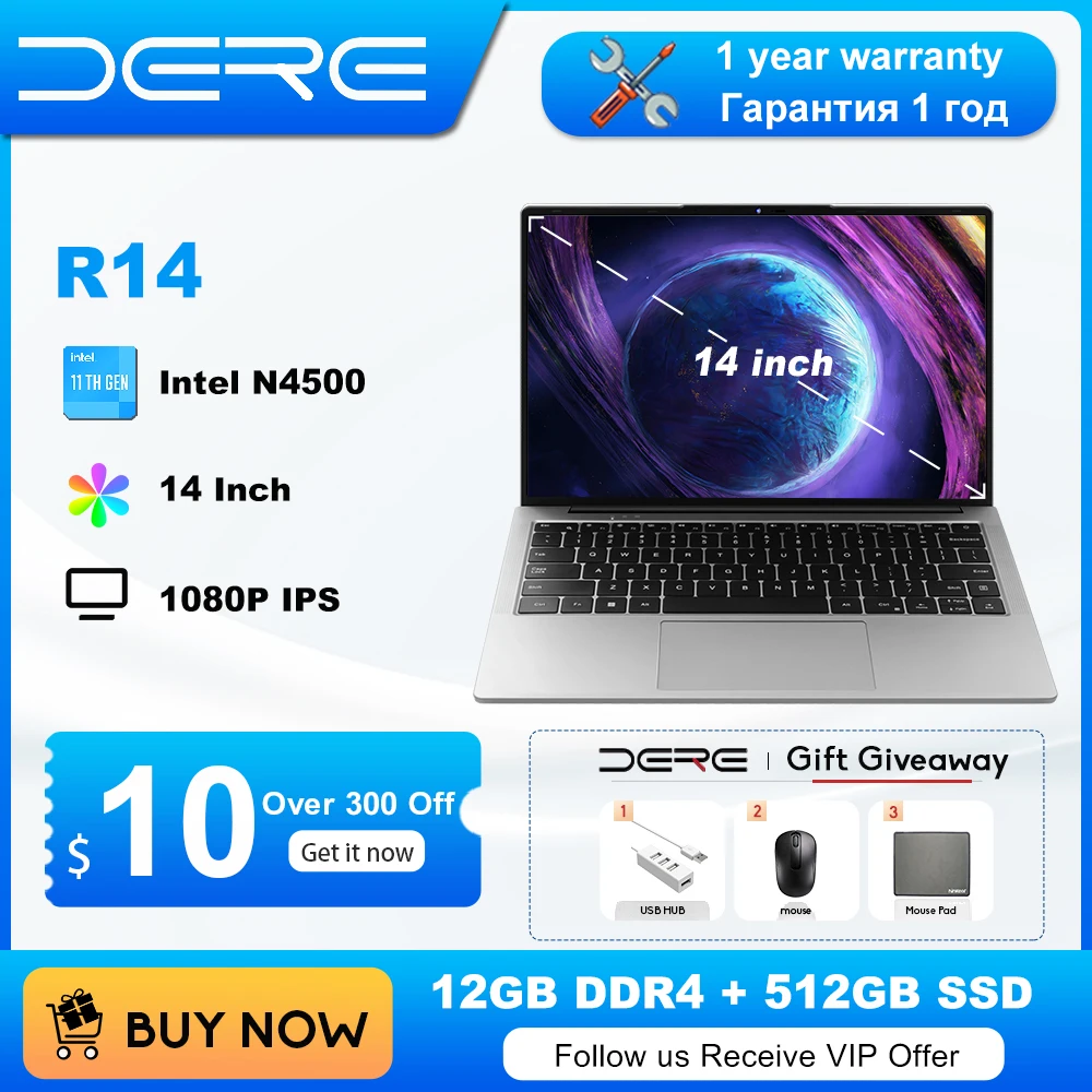DERE R14 Laptop 14.1 inch 16:10 IPS Full HD Intel Celeron N4500 12GB DDR4+512GB SSD Study Office Ultrabook Windows 11 Notebook