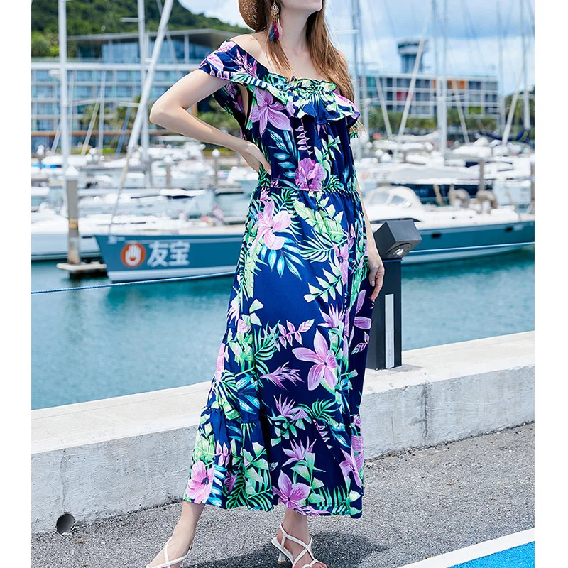 Summer Plus Size by the Seaside Beach Off Shoulder Plant Flowers Print One Word Collar Short Sleeve Sweet Ruffles Long Dresses