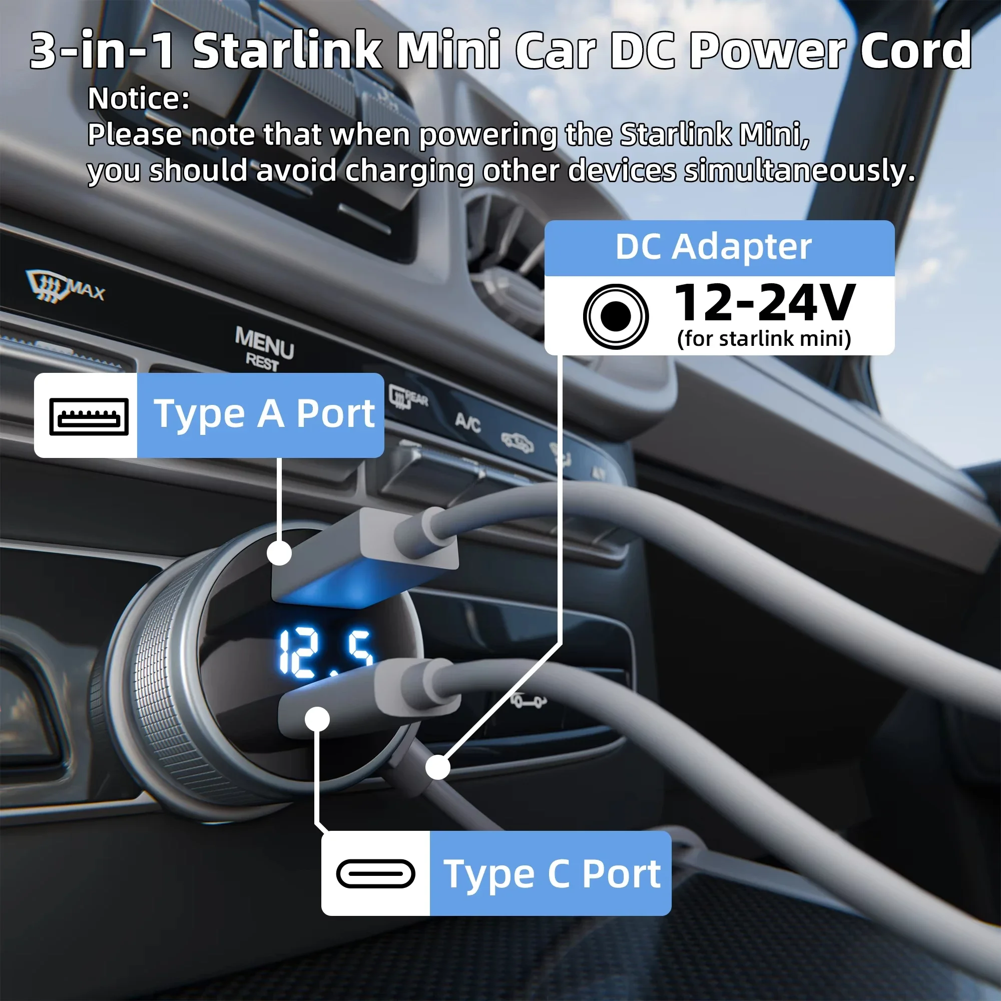 스타링크 충전기 USB 타입 C 시가 라이터 차량용 충전기 12V-24V 차량용 2M 디지털 볼트미터 방수 연장 케이블