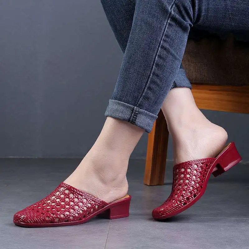 2022 Beach Shoes Slippers,Soft Women's Sandals,Hollow Out Mid Heels,Korea Style Footwear,Antiskid,BLACK,APRICOT,RED,Dropshipping 