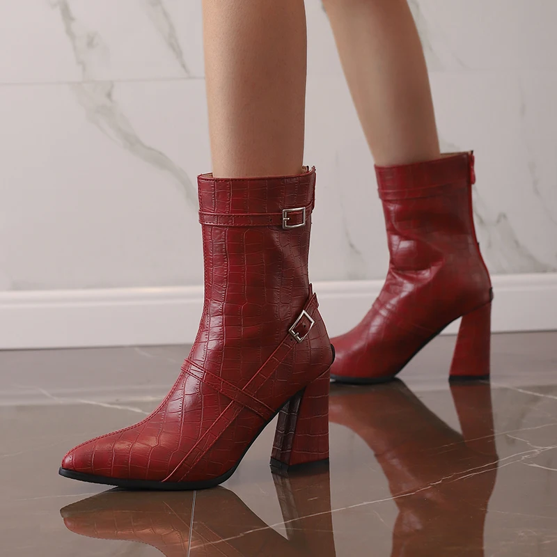 

Plus Size 45 Autumn Western Style Belts Buckles Ankle Boots Ladies Pointed Toe Block High Heels Party Shoes Women 2023 Drop Ship