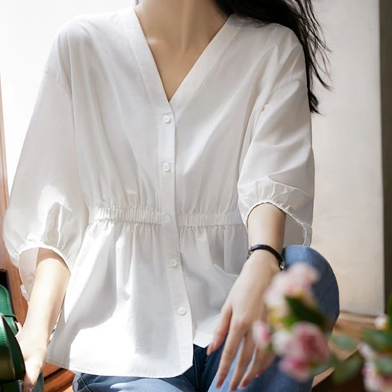 2023 Summer New Solid Color Fashion V-neck Lantern Sleeve Shirt Women Casual Loose Button Pleated Elegant All-match Cardigan
